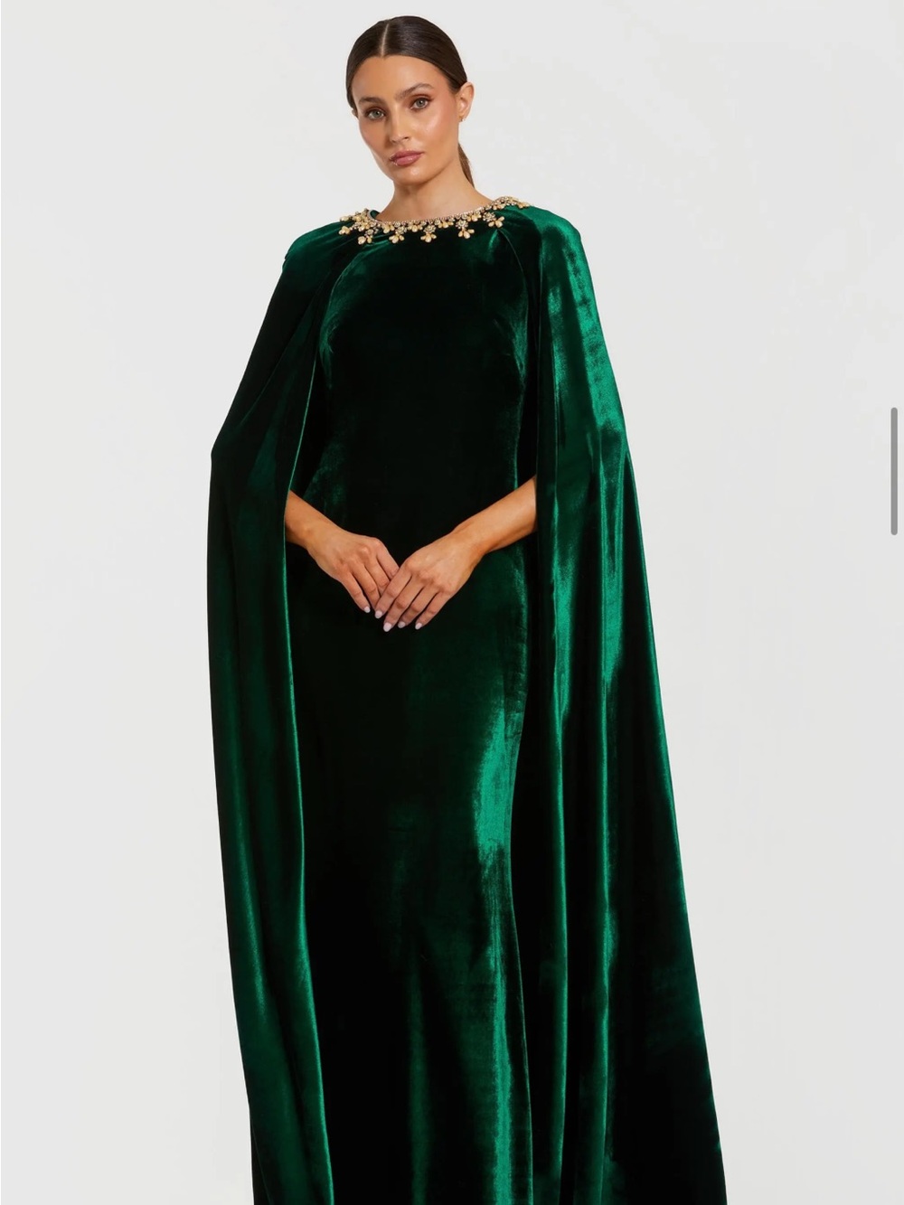 Mac Duggal Emerald Green Velvet Cape Gown with Embellished Neckline